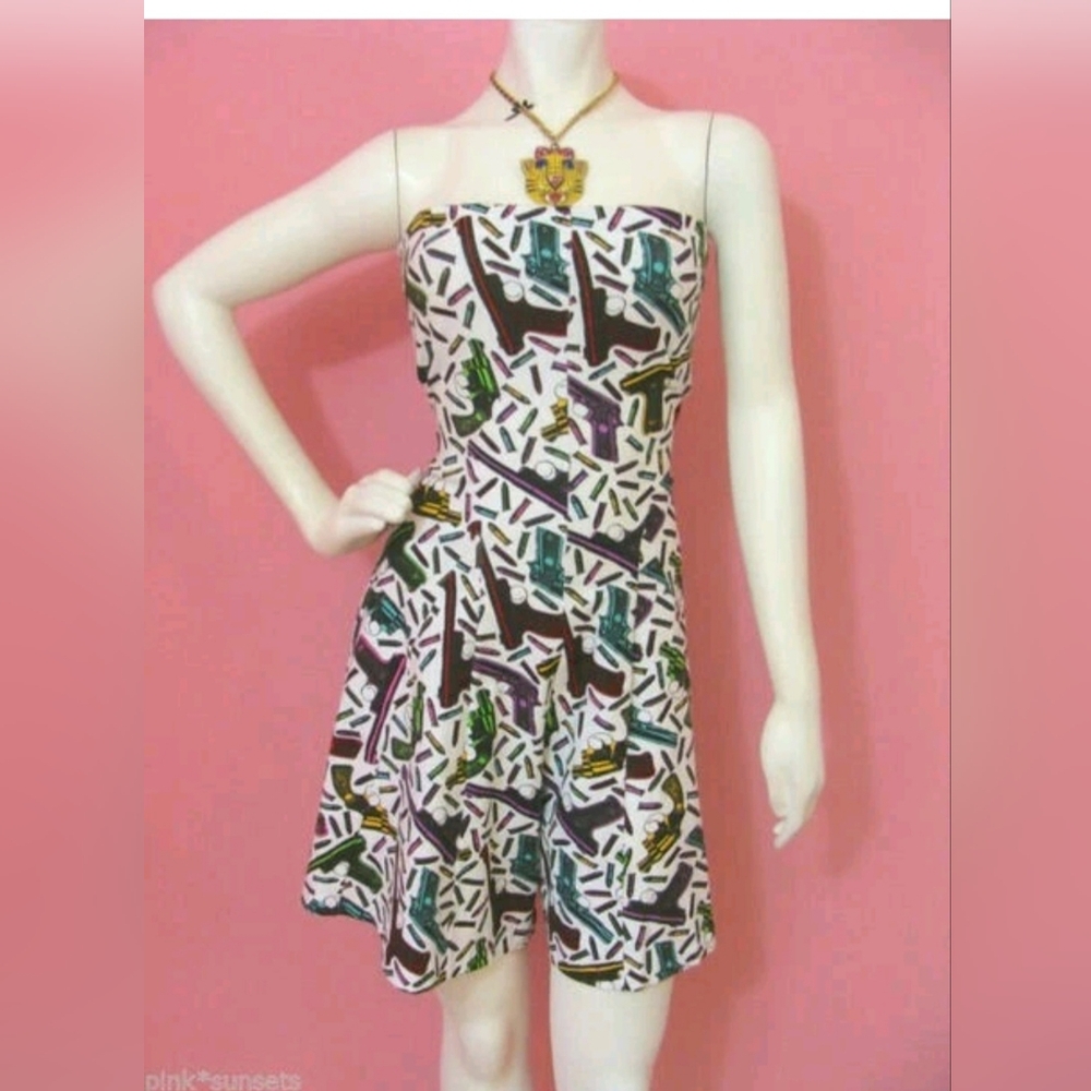 BETSEY JOHNSON Bang Bang Romper Guns & Ammo Print Converts to Strapless P XS NWT